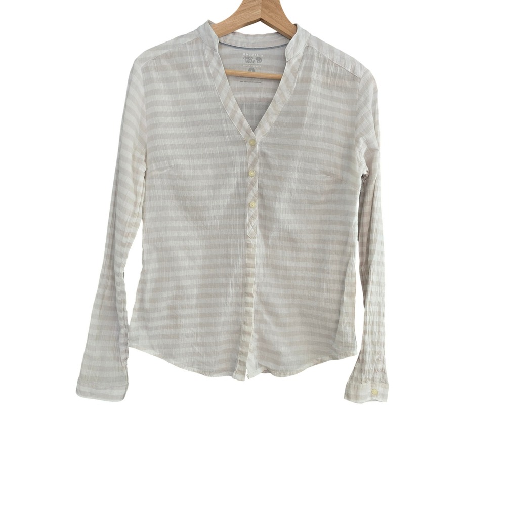 Mountain Hardwear Striped 100% Cotton Shirt Women 6 Beige Gorpcore - Picture 2 of 7